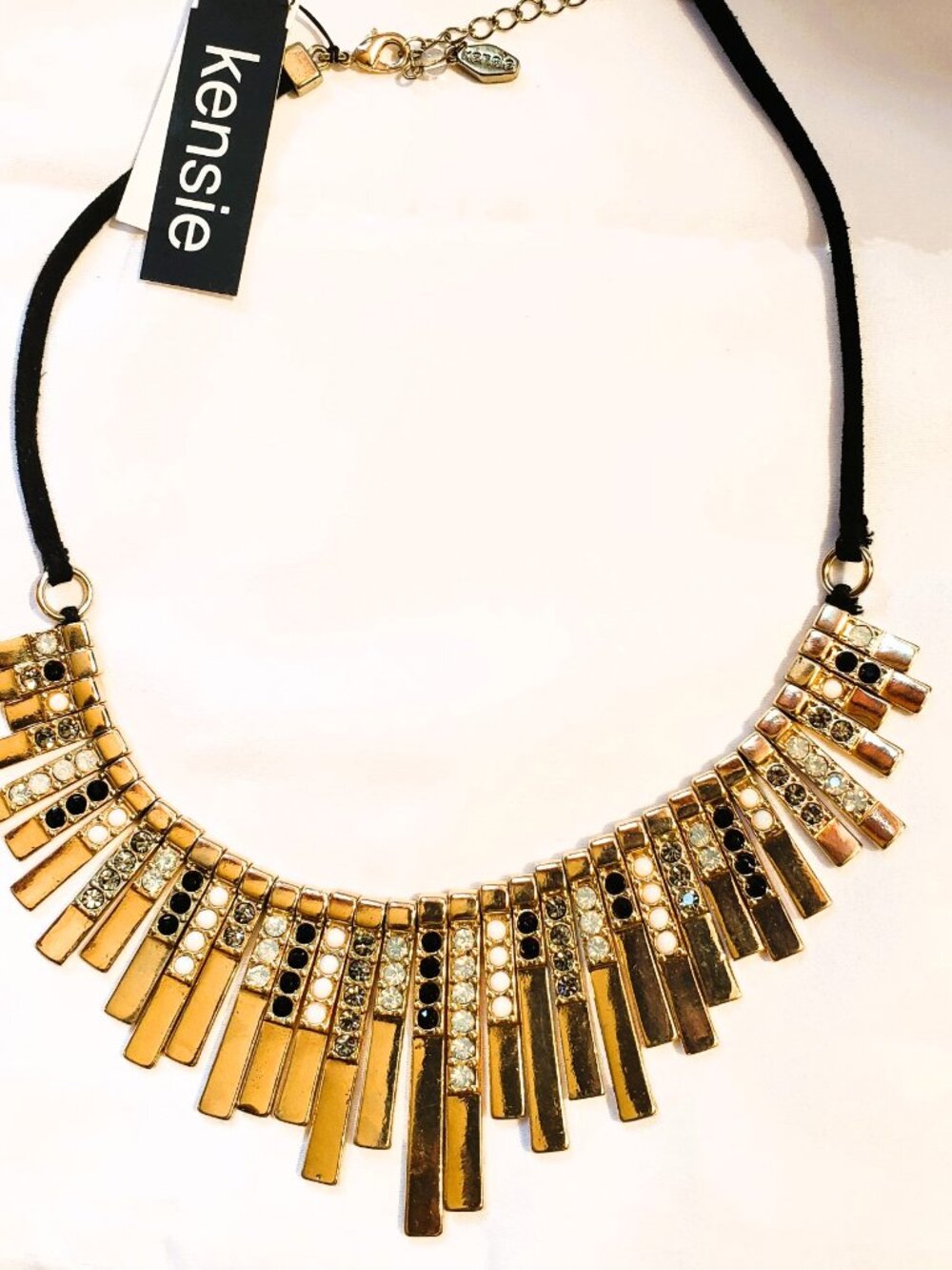 NWT Kensie Gold-Tone Fringe Bib Necklace – Black, White & Clear Rhinestones